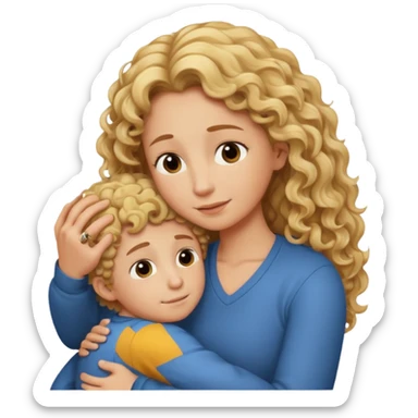 a mother with blond curly long hugging his son with brown hair and like saying its okay sticker