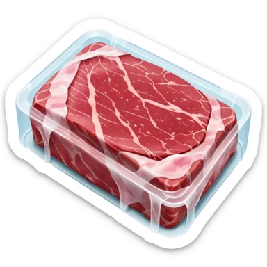 single raw meat cut steak or filet wrapped in thin layer of frosty plastic film with visible ice crystals slightly opaque surface pink to red meat with subtle marbling stiff edges frozen solid no tray no label no extras soft lighting subtle shadows emoji scale sticker