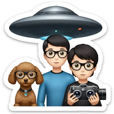 A little boy with straight black medium-length hair, white skin, and black eyes wearing black-framed glasses is taking photos on a UFO with a camera. Beside him, there is an alien and a brown round-headed poodle. sticker