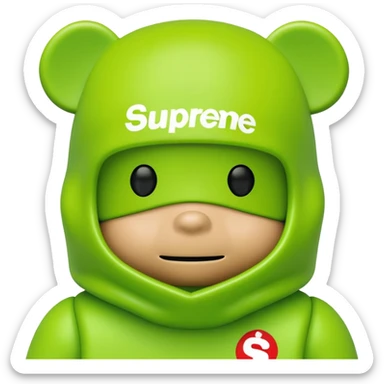 bearbrick toy wearing a lime green balaclava with a Supreme logo print sticker