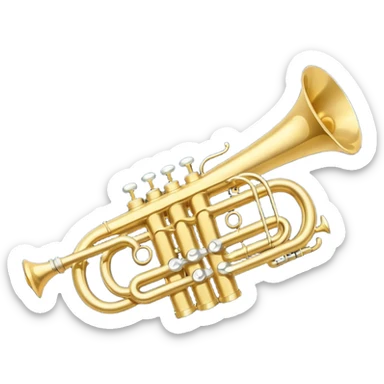 “Flat vector icon of a golden side-view trumpet with mouthpiece, bell, and three valves, thick outline, centered on a deep navy blue rounded-square (or circle); from the bell, 2–3 small white or light-blue music notes with dark outline emerge.  sticker