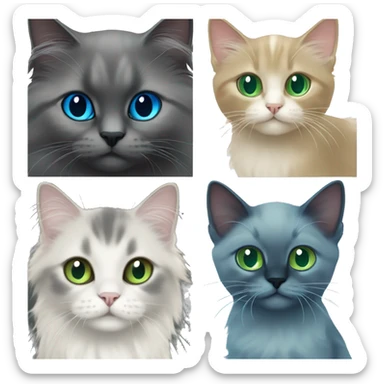 dark grey kitten with green eyes, with a blue mitted ragdoll with blue eyes, and a long haired golden scottish straight with green eyes sticker