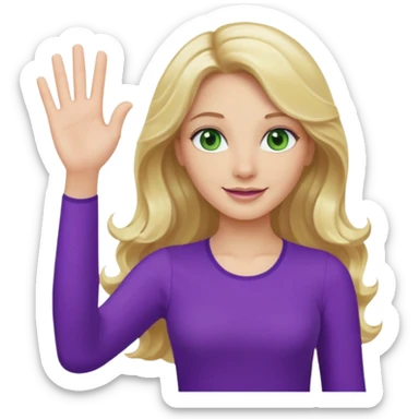 lady with long wavy blonde hair, purple top, green eyes, waving hello sticker