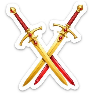 Two crossed swords that are golden in blade and handle and have fiery and royal appearence to them as well as red gem stones yellow in color sticker