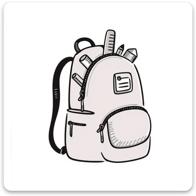a backpack with pockets, zippers, and straps, containing school supplies like notebooks, pencils, and rulers peeking out, in pastel colors dd9fb0, ffc6d3, a3bfc9, c4bee2, f1b091, detailed hand-drawn doodle style sticker