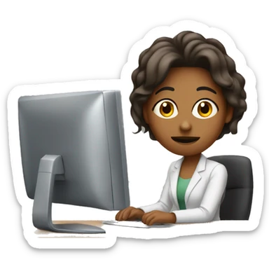 she seems like don't want to work. she is sitting in front of the desk with computer sticker