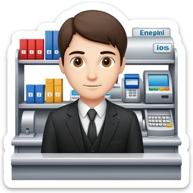 Professional bank clerk in formal attire standing behind a counter sticker