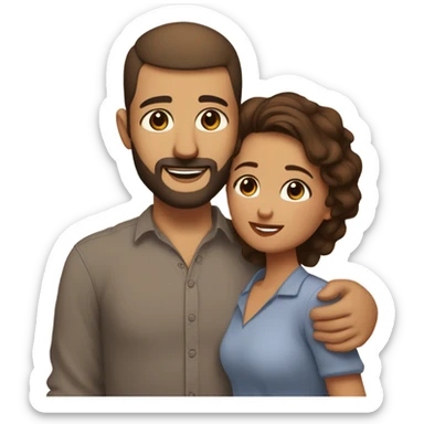 Brown-haired Puerto Rican woman with dark brown eyes wearing a cute blouse giving comforting hug to short, bald man with brown eyes, laugh lines, and a beard sticker