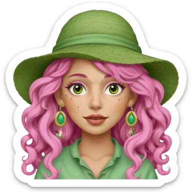 pink haired very long curly haired woman with full full face light green clay mask  and big earrings and hat with full face clay mask sticker