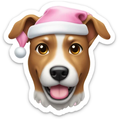Dog with light pink Christmas hat and white bone in mouth sticker