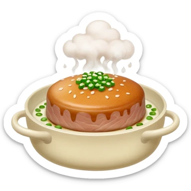 Emoji of a Chinese steamed pork patty in a small dish, topped with chopped scallions and steam rising, soft texture, minimal style. sticker