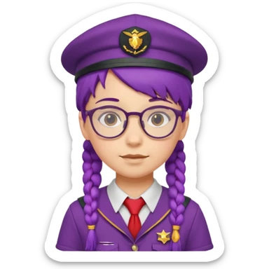 red uniform wearing scout kid with braids and glassess with hat purple haired sticker