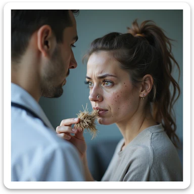 hyperrealistic 4K image of a woman with PCOS showing a clump of fallen hair to a doctor, face with acne and facial hair, thinning hair, clinical environment, frustrated expression sticker