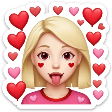 A cross eyed person with their tongue out far with Valentine’s Day decor/hearts around sticker