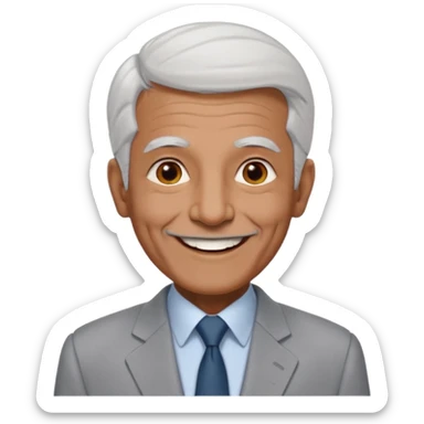 70 yr old man, very short & thin white hair, pakistani, light grey business suit, big smile, dark skin, no facial hair
 sticker