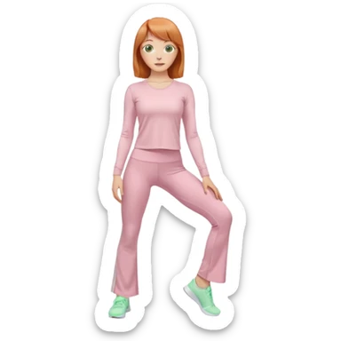 chin length ginger hair woman with bangs, green eyes, wearing long sleeve light pink yoga top, long flare light pink yoga pants, white sneakers, in gym, standing pose sticker