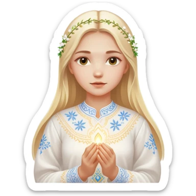 Young Ukrainian girl with blonde hair wearing a traditional white embroidered shirt (vyshyvanka) gently holding a glowing ethereal light representing the soul in her hands sticker