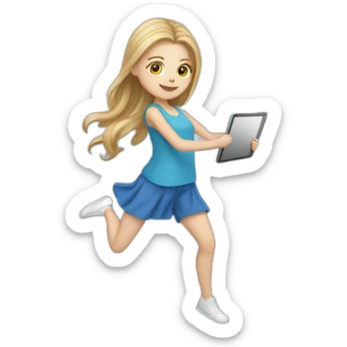 white girl holding tablet all body blue clothes and dancing sticker