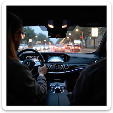 Mercedes S-Class 2024 modern interior, driver's perspective from inside, left hand on wheel, ambient lights, illuminated dashboard, night, Bucharest city lights, motion blur, city traffic ahead, rainy windshield, no text or misspellings, photorealistic sticker