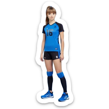 Una chica que le encanta bailar y también jugar al Voleiball la chica tiene flequillo y el pelo liso el color de pelo es un castanyo tirando a rubio la chica es delgada y lleva una rodilleras unos pantalones negros cortos ,unas zapatillas de deporte de color azul y una camiseta que es de color azul y negro en la camiseta por delante lleva el numero 16 y por detras también lleva el numero 16 pero arriba del numero su nombre que es Martinaen la mano derecha lleva una palota de voleiball y en la otra unas zapatillas de balet por su cara seva que no sabe que elegir pero por su ropa se ve que se queda con el voleiball en el pelo lleva una coleta alta con el pelo muy largo y liso sticker