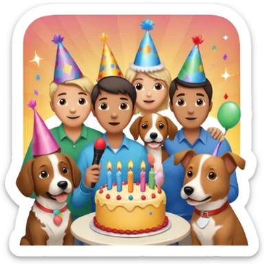 celebration birthday with a dog and watching sunset with many peoples with a birthday cake and mike a wish man peoples at home sticker