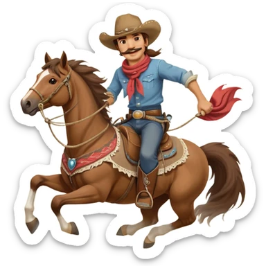 clash-of-clans-aesthetic_-cinematic-playful-cowboy-portrait-emoji, head-tilted with a roguish, cheeky grin and twinkling eyes, featuring a rugged, spirited build with a wide-brimmed cowboy hat and a weathered bandana on tan skin, brown hair and a moustache , riding a powerful galloping horse with dynamic flowing mane, reins gripped firmly in one hand and a lasso in the other, as dust swirls behind them in a vast desert landscape. sticker