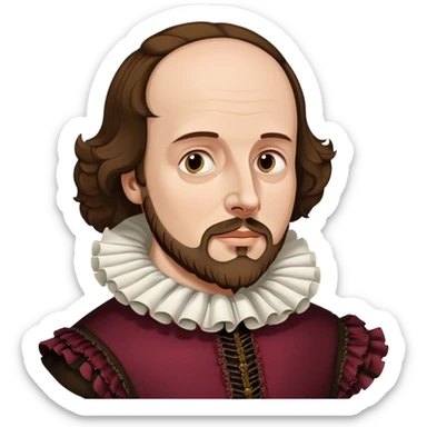 Cinematic Realistic portrait of William Shakespeare, depicted as an iconic playwright in richly detailed Elizabethan attire with a ruffled collar, expressive eyes, and a thoughtful gaze, bathed in dramatic historical lighting that evokes the Bard’s timeless legacy sticker