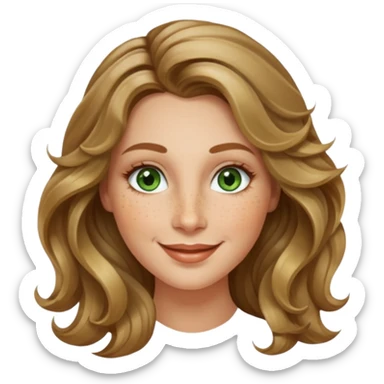 creative women with long dark Blond with highlights wavy hair white women, oval shape face green hazel eyes long lashes freckles on the nose high cheek bones sticker