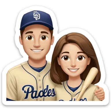 *White* couple smiling. Woman has big cheeks and a lot of freckles on the nose. long brown hair. Man has black and very short hair and prominent eyebrows with egipcian nose. Both are wearing “Los Padres” baseball jerseys and with a sign that says “Go Padres!” sticker