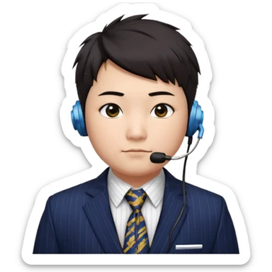 full kind of chubby face, very asian, short dark hair styled upward with a spiked swoop in front, a clean-shaven face, focused eyes, and a slim headset over one ear, wearing a dark pinstripe suit with a patterned dress shirt and a bright solid-colored tie visible from the chest up. sticker