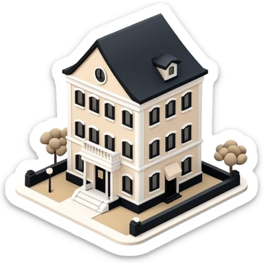 Isometric exterior little black, beige, and white hotel, elegant dollhouse style 3D realistic  sticker