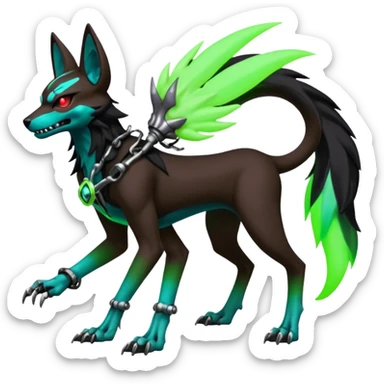 Hyper realistic demonic slim skeletal black and neon green futuristic shiny colorful bioluminescent cyber-Poochyena-Lycanroc-Zorua-Litten-Houndoom-Fakémon-Pokémon-Digimon-hybrid-fusion (full body) with a skull face sticker