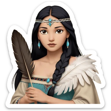 Cinematic Realistic Pocahontas Portrait, depicted with lifelike skin texture, soft natural lighting, and intricately detailed long, flowing raven-black hair that moves gracefully in the wind. Her deep, soulful dark brown eyes exude wisdom and strength, complemented by a serene yet powerful expression. She is shown gently holding a feather in one hand, her other hand resting lightly at her side, embodying the harmonious balance between nature and herself. She is dressed in her classic one-shoulder native American dress, with rich fabric textures and delicate beaded details that catch the light beautifully. The portrait features a soft, sun-kissed glow with a natural, radiant finish, capturing the essence of untamed beauty and deep connection to nature in a realistic and painterly style, evoking a sense of depth and authenticity. sticker
