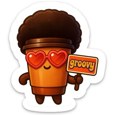 Tall coffee cup, no mouth, afro, heart glasses, holding sign "groovy" sticker