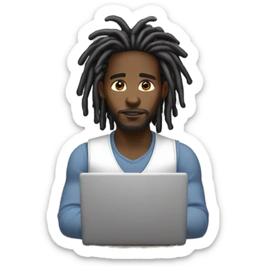 Black-guy-with-dreads-wearing-white-vest-sitting-down-on-floor-facing-foward-focused-on-laptop-computer sticker