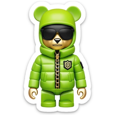 ultra-detailed bearbrick figure with perfect cube head and geometric body, wearing premium lime green balaclava with sleek integrated black visor lens at eyes, luxury oversized designer puffer jacket with prominent logo and lavish fur trim collar, heavy gold chains, streetwear icon sticker