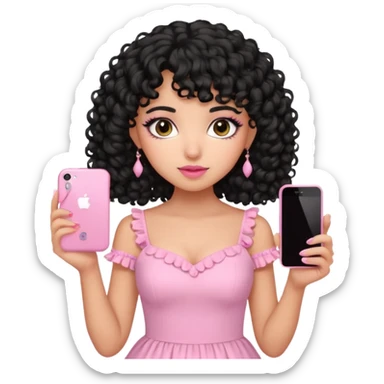 uma menina fofa de pele oliva e cabelos pretos encaracolados e com franja encaracolada e um vestido rosa pastel detalhado e maquiagem levemente rosada enquanto segura um iphone rosa sticker