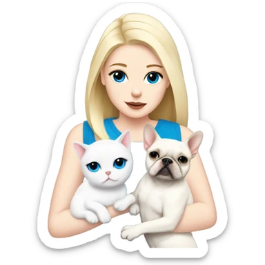 Blonde girl with blue eyes holds White French bulldog and a white cat sticker