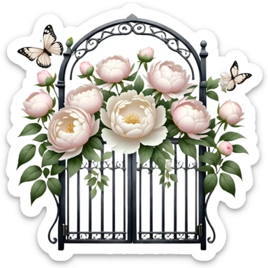 A nostalgic vintage garden scene where sunlight filters through an ornate iron gate, illuminating a delicate bouquet of white peonies and pale pink roses arranged in an ivory ceramic vase, with shimmering pearl butterflies resting on the petals.
 sticker