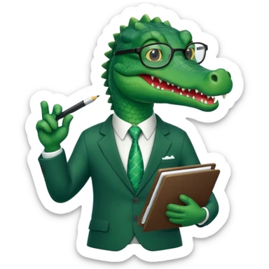 A cartoon alligator in a business suit with a clipboard and glasses sticker