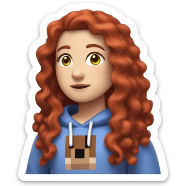 a white girl with long red curly hair, wearing periwinkle Minecraft hoodie playing a videogame sticker