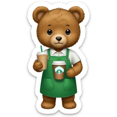 teddy bear wearing green apron with one cup of starbucks coffee sticker