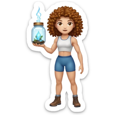 full body woman short curly brown mullet brown eyes white skin muscular build bug catcher spirit with glowing jar sticker
