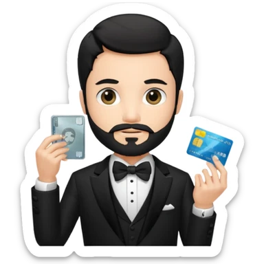 make a genmoji of a boy with a an amex card in hand and wearing a tux, black hair. bearded sticker