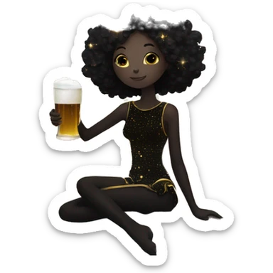 Ethereal galactic Girl wearing black and gold sat on a nebula galaxy drinking beer surrounded by golden stars and planets sticker