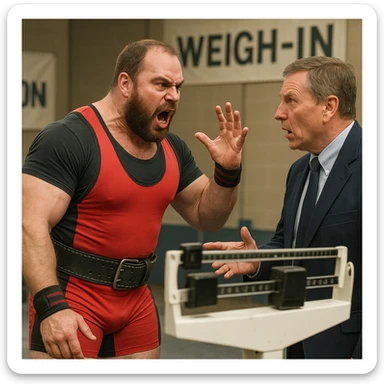 realistic powerlifter in competition clothing, arguing animatedly with official in front of scale, angry expression, tense atmosphere, detailed, weigh-in area background sticker