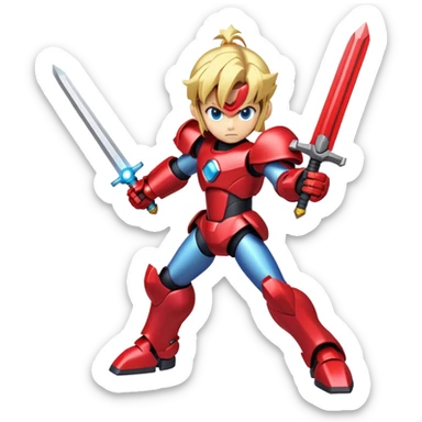 Megaman Zero robot with red armor, blonde hair, and Z-saber sword sticker
