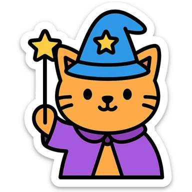 cat magician with a wizard hat and wand, colorful icon sticker