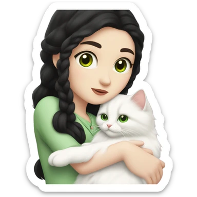 girl with pale skin, very long dark black hair and green eyes and light pink outfit hugging a white fluffy scottish cat sticker