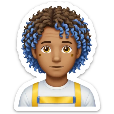 Make me an emoji that has a guy with a white shirt and yellow tape around the shirt with brown and blue spots hair make the hair curly make the yellow tape go around it sticker